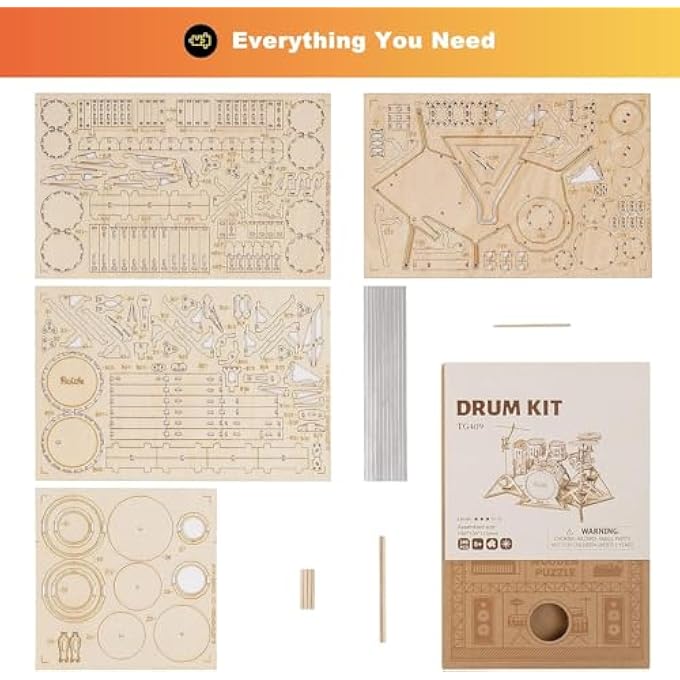 3D WOODEN PUZZLE MODEL KIT, ENGAGING MUSICAL INSTRUMENT DRUM SET CRAFT PROJECT FOR ADULTS AND TEENS, CREATIVE HOBBY GIFT AND DESK DECOR (179 CHARS) - Image 4